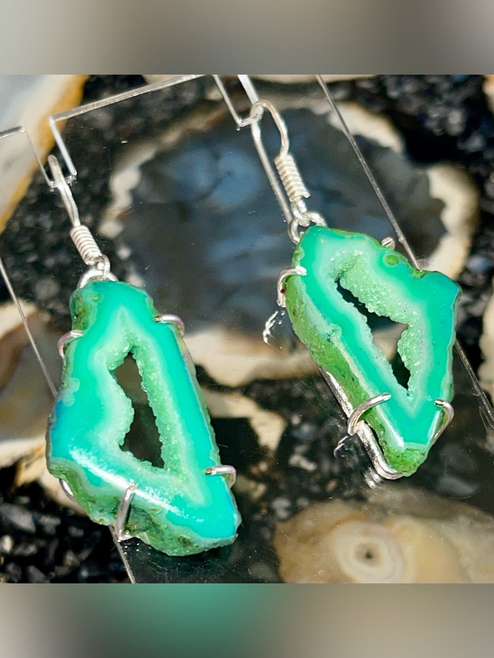 Green Agate Slice Drusy Earrings 1 7/8”